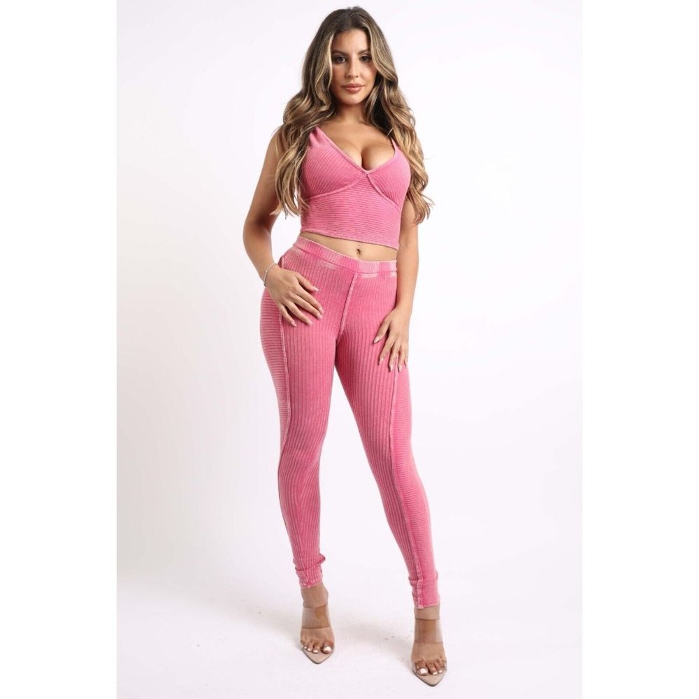 Womens Mineral Washed Crop Top and Matching Leggings Outfit Set Super Cute XS-3X